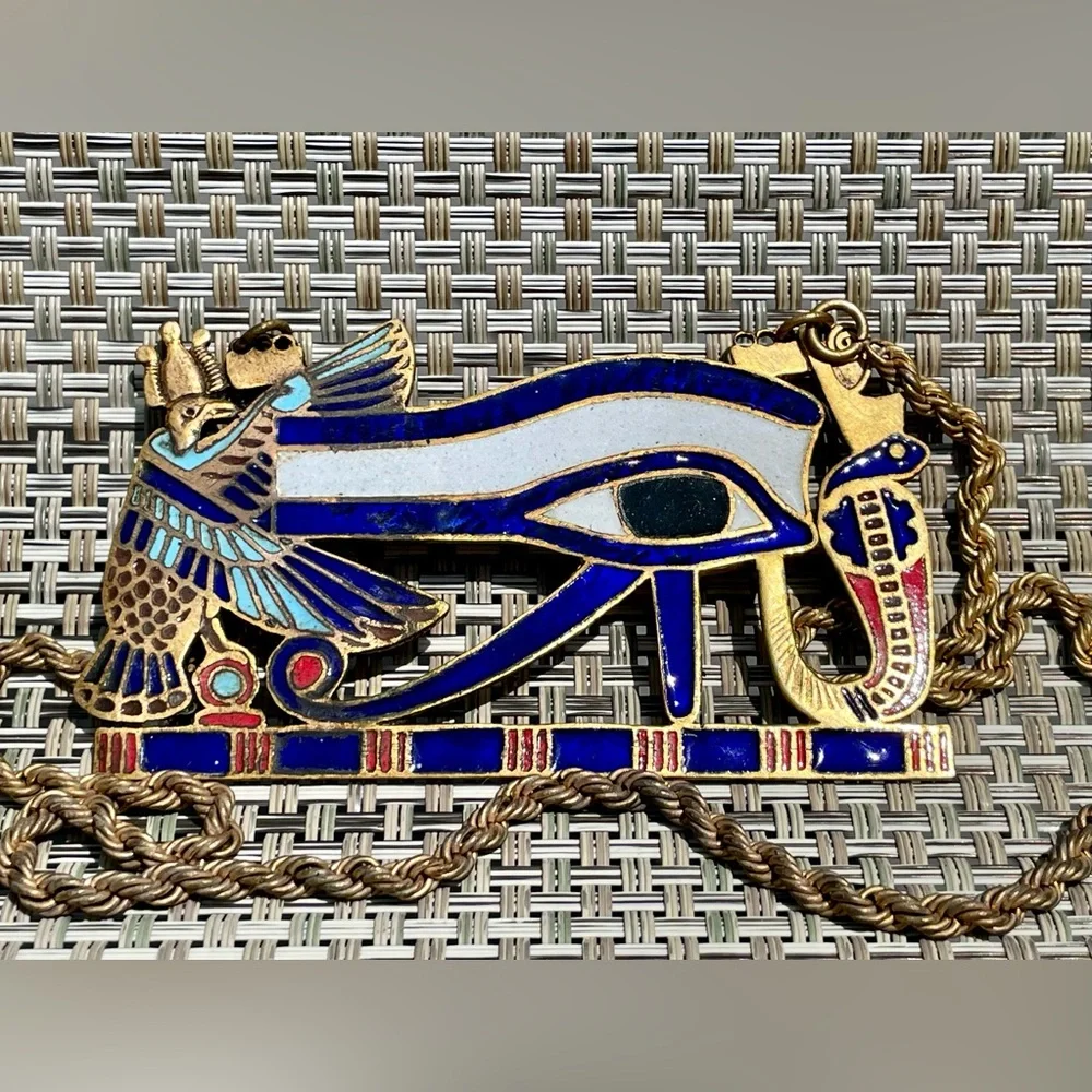 Vintage Egyptian Udjat Eye of Horus large enamel statement necklace - Picture 1 of 5